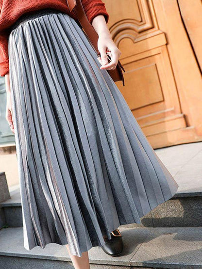 Solid Color High-Waist Pleated A-Line Skirt by migunica