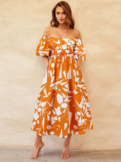 Printed Off-Shoulder Balloon Sleeve Dress by BlakWardrob