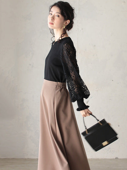 Original Loose Hollow Lace Round-Neck Long Puff Sleeves Sweater Pullovers by migunica