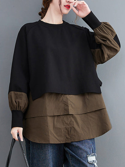 Original Loose Split-Joint Round-Neck Long Sleeves False Two T-Shirt by migunica