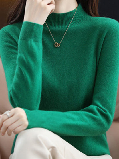 Office Long Sleeves Solid Color High-Neck Sweater Tops Pullovers by migunica