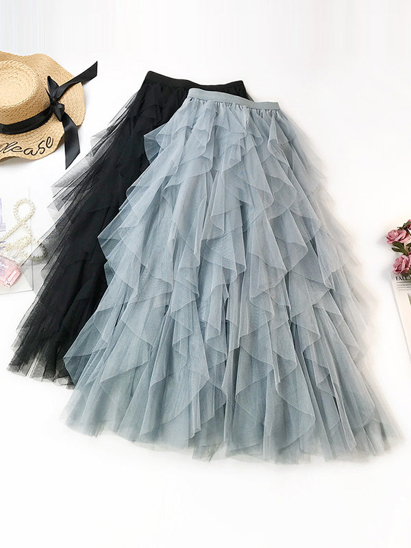 Solid Color Irregular Tiered Gauze Skirt by migunica