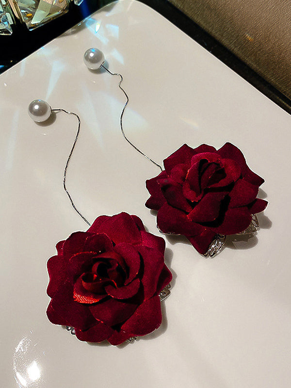 Vintage Red Rose Floral Pearl Earrings Accessories by migunica