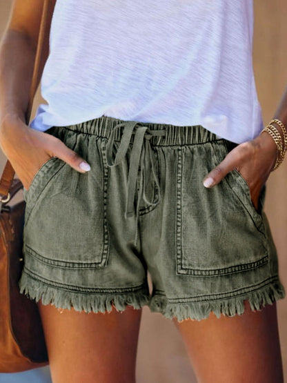 10 Colors Casual Drawstring High Waisted Denim Fringed Shorts by migunica