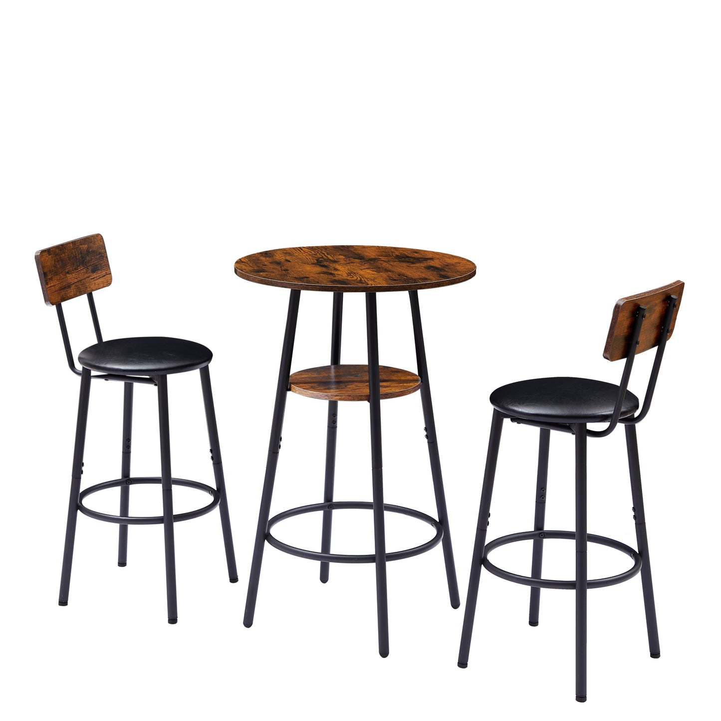 Round bar stool set with shelf, upholstered stool with backrest, Rustic Brown, 23.62'' W x 23.62'' D x 35.43'' H