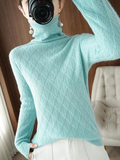 Solid Color Long Sleeves High-Neck Sweater Tops by migunica