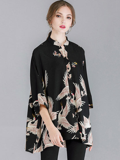 Original Crane Printed Buttoned Stand Collar Half Sleeves Blouse by migunica