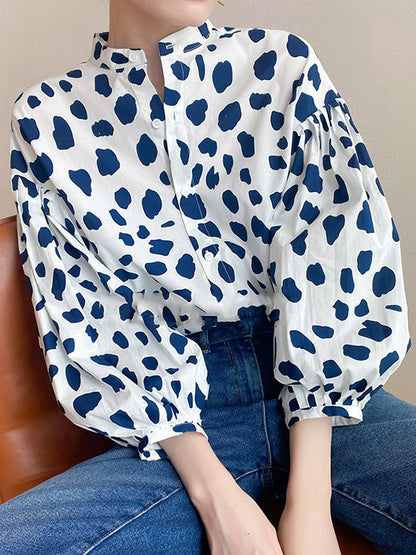 Loose Puff Sleeves Pleated Polka-Dot Split-Joint Stand Collar Blouses by migunica