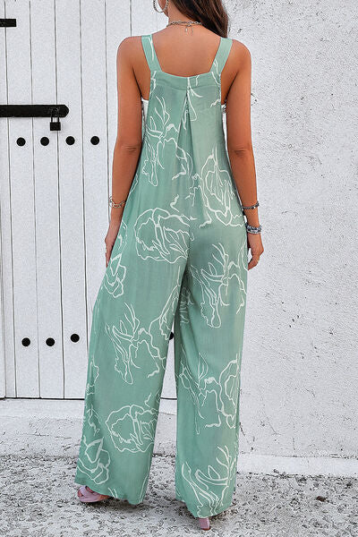 Printed Wide Strap Jumpsuit with Pockets by migunica