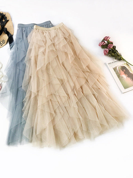 Solid Color Irregular Tiered Gauze Skirt by migunica