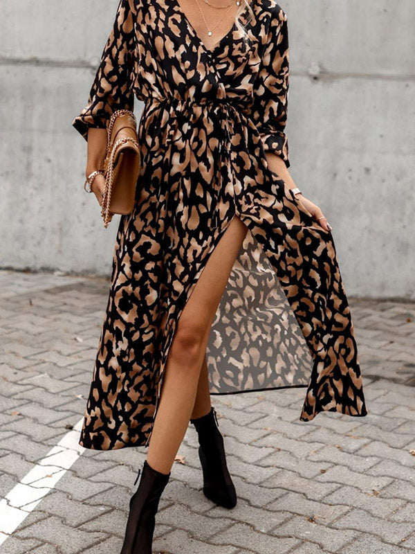 Vacation Loose Long Sleeves Split-Side Leopard V-Neck Midi Dresses by migunica