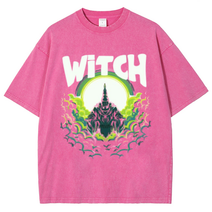 Witch Unisex Oversized Print Vintage Wash Denim T-Shirt by migunica