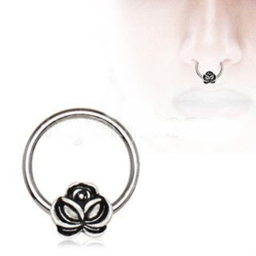 316L Stainless Steel Captive Bead Ring with Antique Gold Plated Flower by Fashion Hut Jewelry