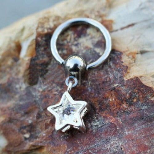 316L Stainless Steel Captive CZ Star Dangle Captive Bead Ring by Fashion Hut Jewelry