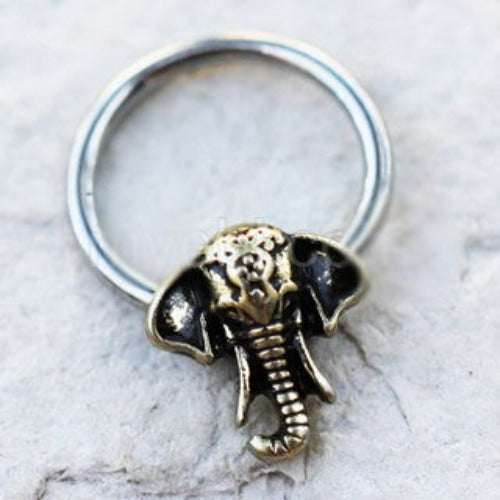 316L Stainless Steel Antique Bronze Plated Elephant Snap-in Captive Bead Ring by Fashion Hut Jewelry