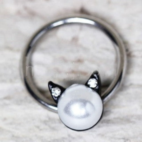 316L Stainless Steel Pearl Cat Snap-in Captive Bead Ring / Septum Ring by Fashion Hut Jewelry