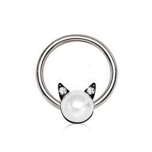 316L Stainless Steel Pearl Cat Snap-in Captive Bead Ring / Septum Ring by Fashion Hut Jewelry