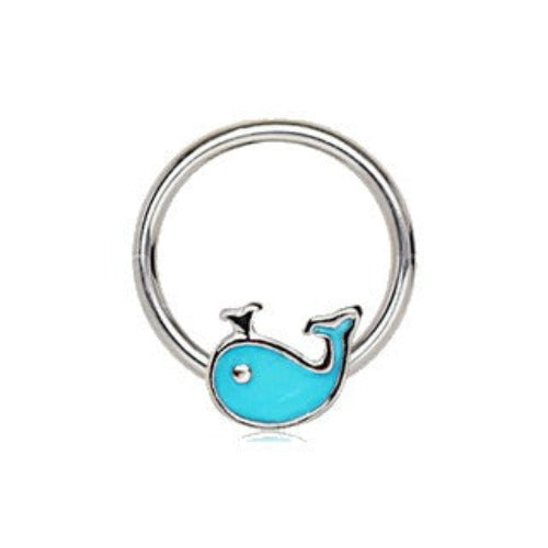 316L Stainless Blue Whale Snap-in Captive Bead Ring / Septum Ring by Fashion Hut Jewelry