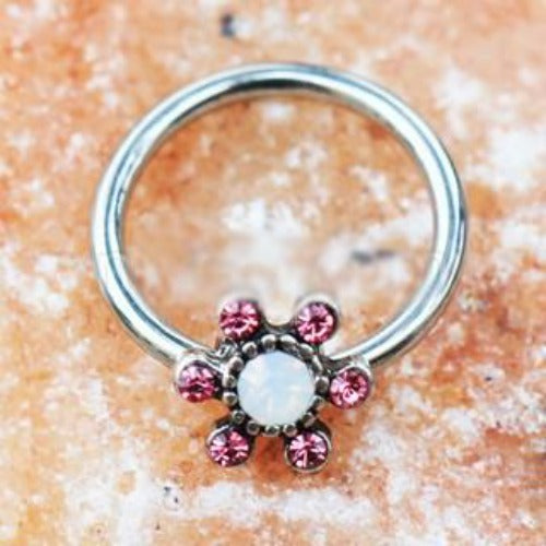 316L Stainless Steel Jeweled Flower Snap-in Captive Bead Ring / Septum Ring by Fashion Hut Jewelry