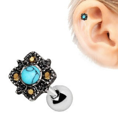 316L Stainless Steel Square Filigree Cartilage Earring with Turquoise by Fashion Hut Jewelry