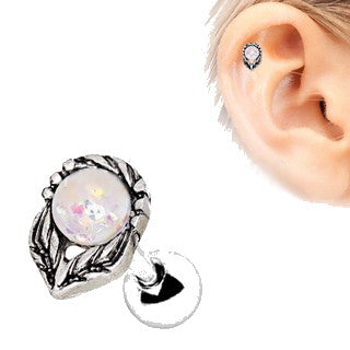 316L Stainless Steel Synthetic Opal Flower on a Stem Cartilage Earring by Fashion Hut Jewelry