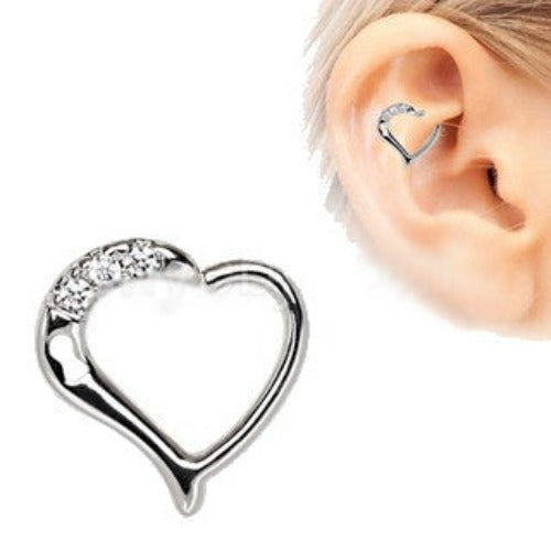 316L Stainless Steel Jeweled Heart Cartilage Tragus / Daith Earring with Keyhole by Fashion Hut Jewelry