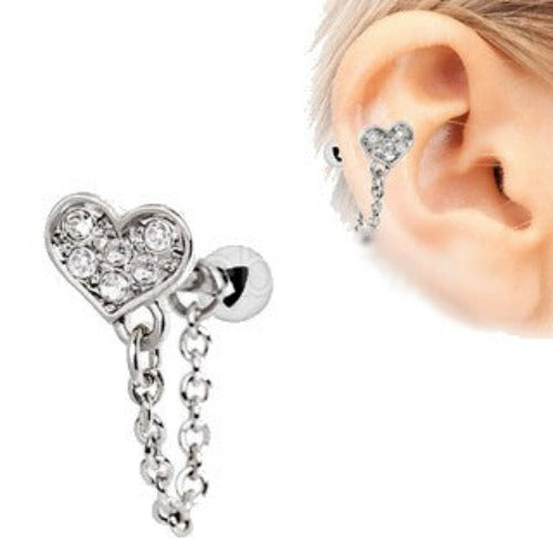 316L Stainless Steel Clear CZ Heart Chain Wrap Cartilage Earring by Fashion Hut Jewelry