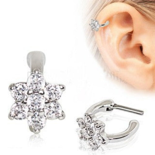 316L Stainless Steel CZ Flower Cartilage Clicker Earring by Fashion Hut Jewelry