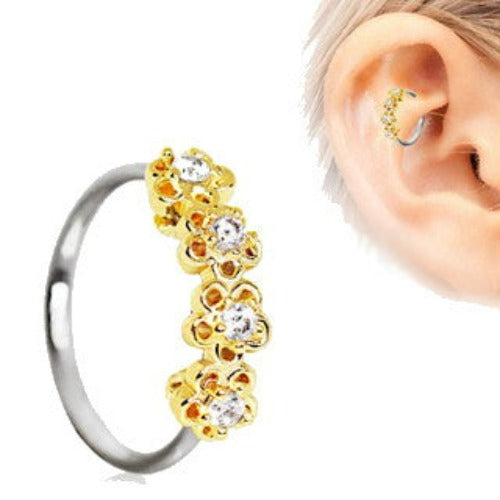 316L Stainless Steel Golden Flowers Seamless Circular Ring / Daith Cartilage Earring by Fashion Hut Jewelry