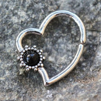 316L Stainless Steel Black Flower Heart Annealed Cartilage Earring by Fashion Hut Jewelry