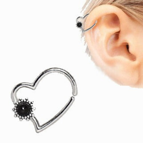 316L Stainless Steel Black Flower Heart Annealed Cartilage Earring by Fashion Hut Jewelry