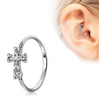 316L Stainless Steel Jeweled Cross Cartilage Earring / Nose Hoop Ring by Fashion Hut Jewelry