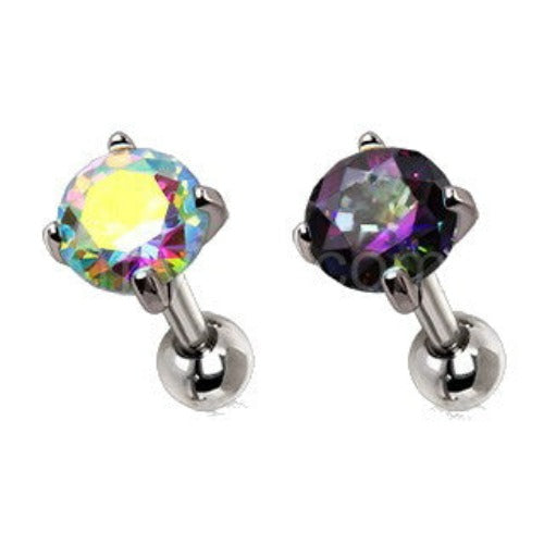 316L Stainless Steel Prong Set Iridescent Cubic Cartilage Earring by Fashion Hut Jewelry