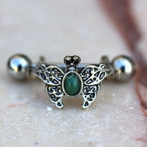 316L Stainless Steel Ornate Green Butterfly Cartilage Cuff Earring by Fashion Hut Jewelry