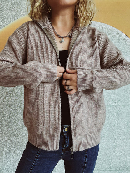 Zip Up Collared Neck Long Sleeve Cardigan