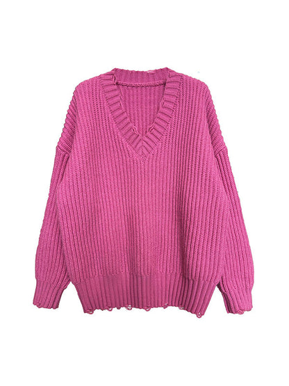 Long Sleeves Loose Hollow Solid Color V-Neck Pullovers Sweater Tops by migunica