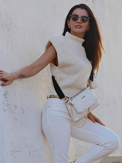 Casual Cap Sleeve Solid Color High-Neck Sweater Tops Pullovers by migunica