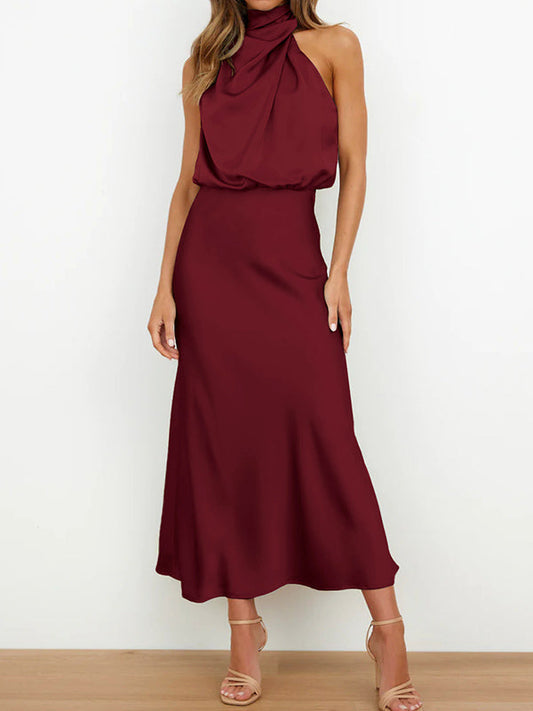 Sleeveless Solid Color Halter-Neck Midi Dresses by migunica