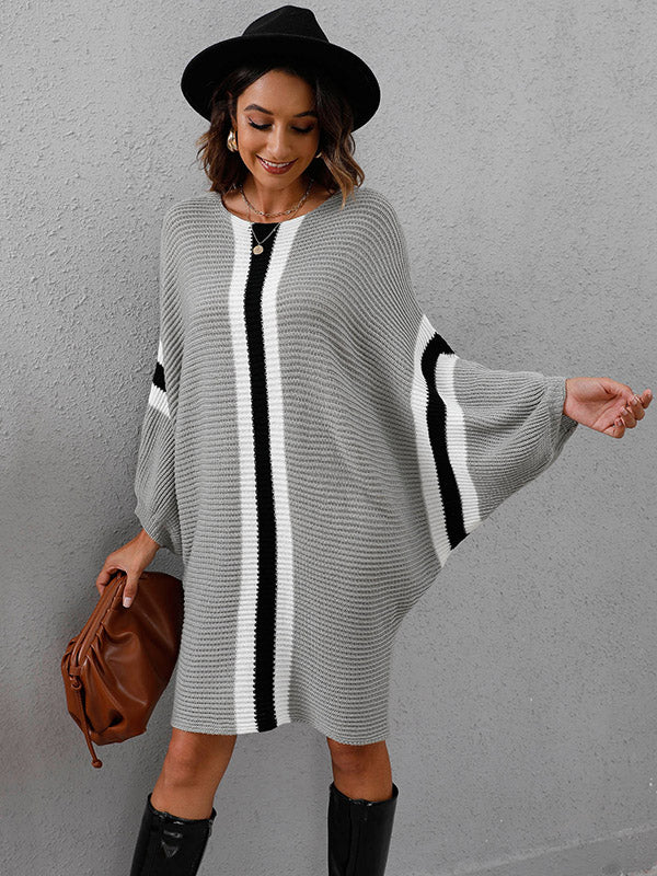 Original Loose 4 Colors Striped Round-Neck Batwing Long Sleeves Sweater Dress by migunica