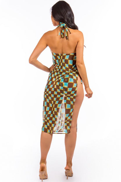 THREE PIECE BIKINI CHECKER PRINT AND COVER UP