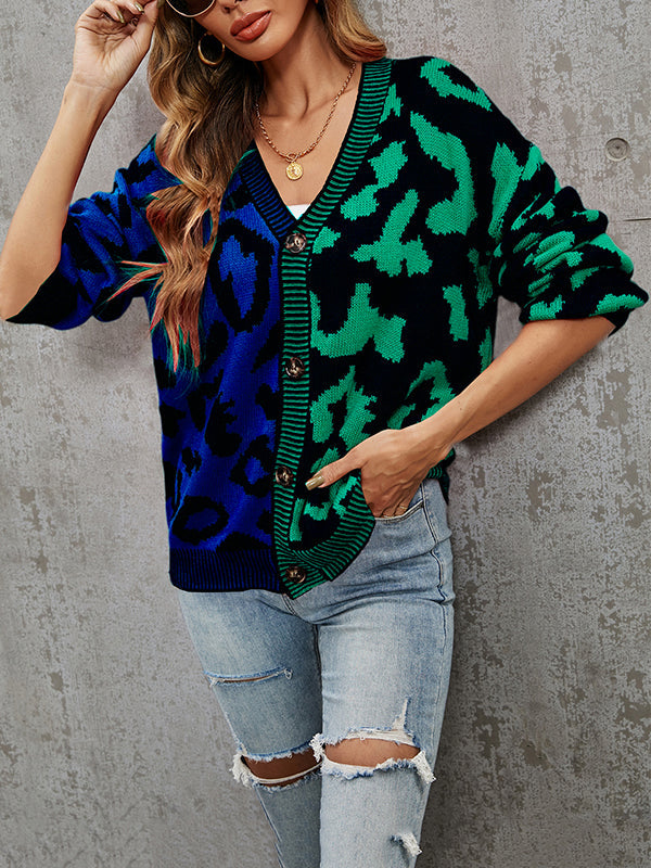 Long Sleeves Loose Buttoned Leopard Split-Joint V-Neck Cardigan Tops by migunica