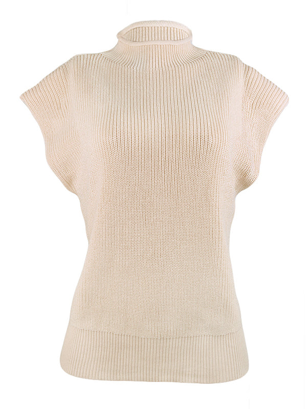 Casual Cap Sleeve Solid Color High-Neck Sweater Tops Pullovers by migunica