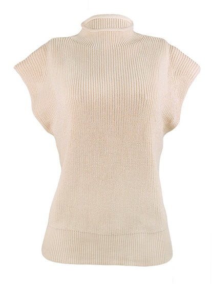 Casual Cap Sleeve Solid Color High-Neck Sweater Tops Pullovers by migunica