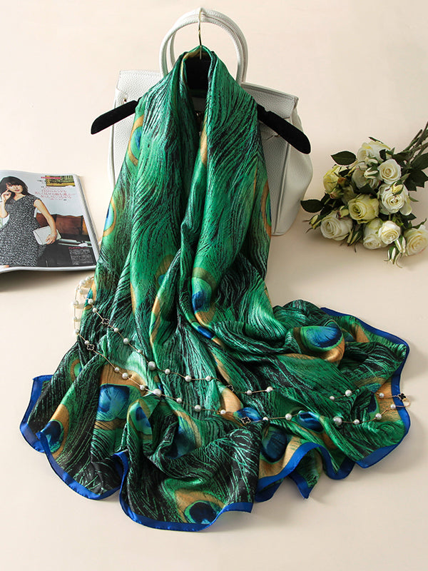 Vintage Peacock Printed Silk Imitation Shawl&Scarf by migunica