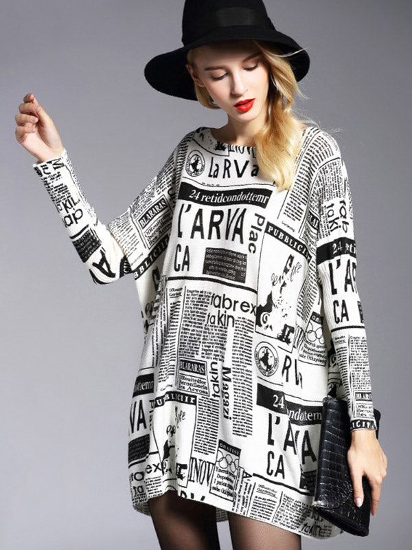 Vintage Loose One-Shoulder Newspaper Printed Split-Joint Sweater by migunica