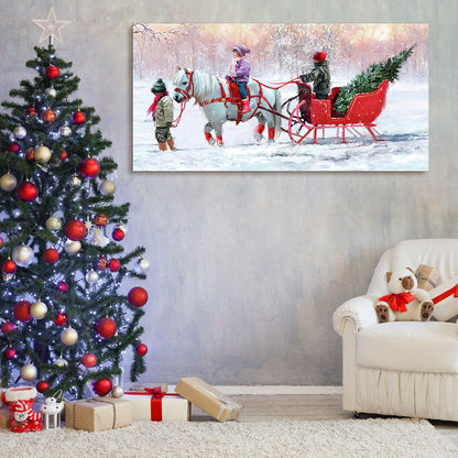 Framed Canvas Wall Art Decor Painting For Chrismas, Kids Riding White Horse Sledge Chrismas Gift Painting For Chrismas Gift, Decoration For Chrismas Eve Office Living Room, Bedroom Decor-Ready To Hang