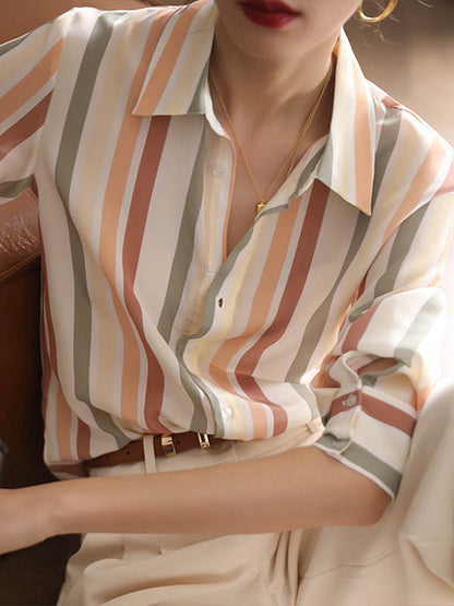 Long Sleeves Multi-Colored Striped Lapel Shirts Tops by migunica