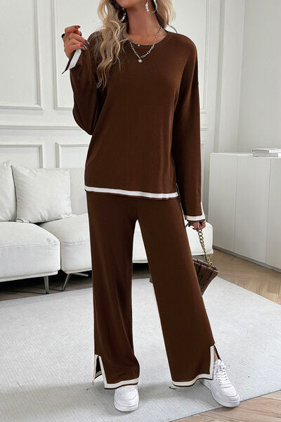 Preorder Contrast Trim Round Neck Top and Pants Set by migunica