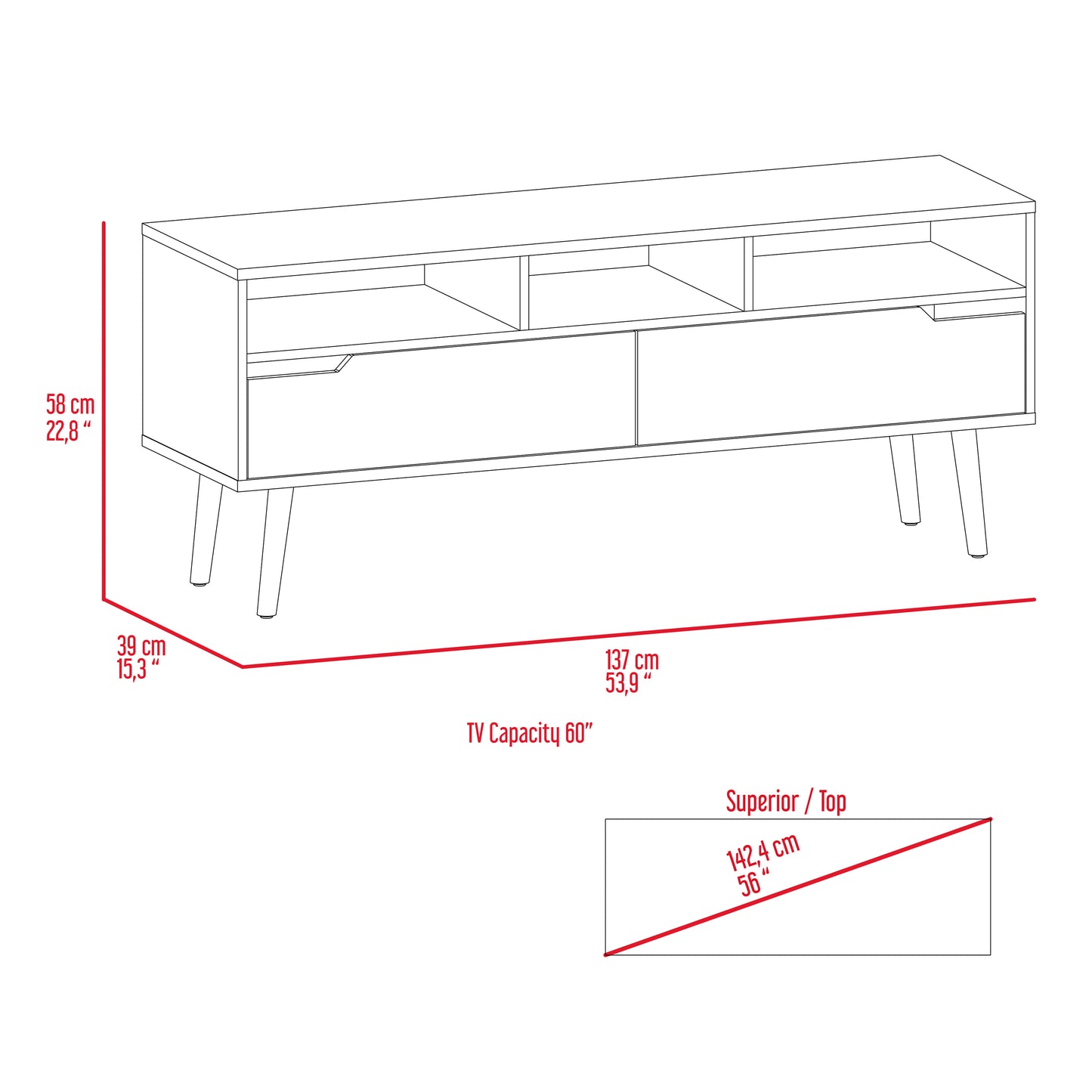 Tv Stand for TV´s up 52" Bull, Three Open Shelves, Two Flexible Drawers, Dark Walnut Finish