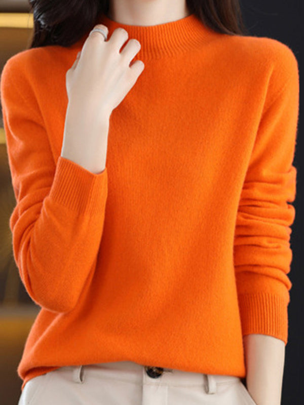 Office Long Sleeves Solid Color High-Neck Sweater Tops Pullovers by migunica